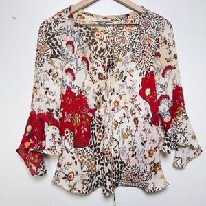 VTG‎ 90s Women Fairy Grunge Boho Top Large Patchwork Western Bell Flare Sleeve